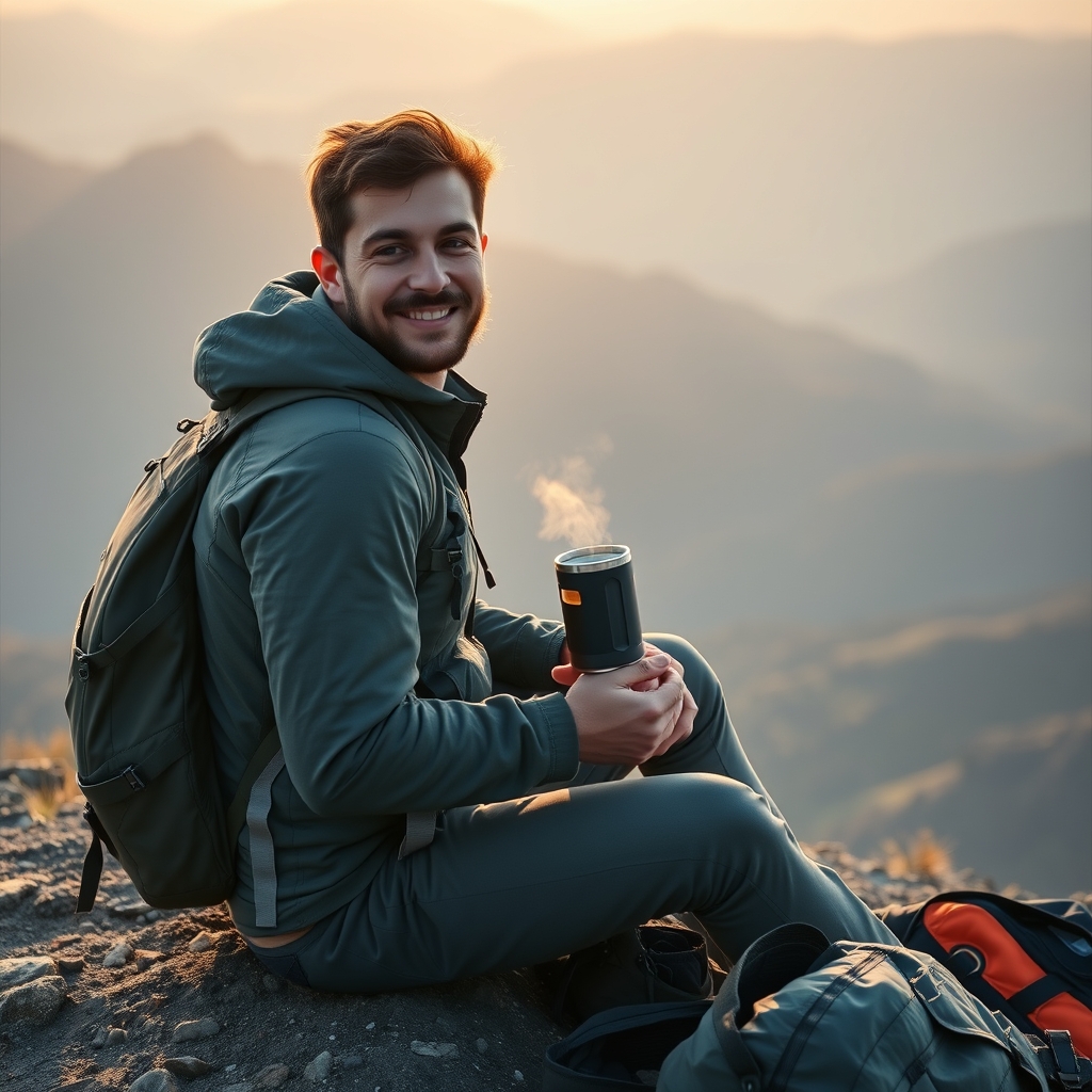 A traveler with a backpack holding a warm cup of coffee while sitting outdoors at sunrise in a natural setting.