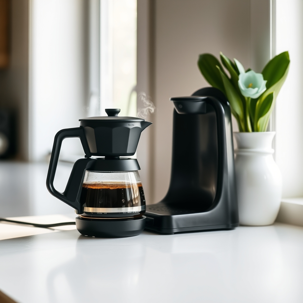 Drip coffee maker on kitchen counter with steam rising from carafe during brewing