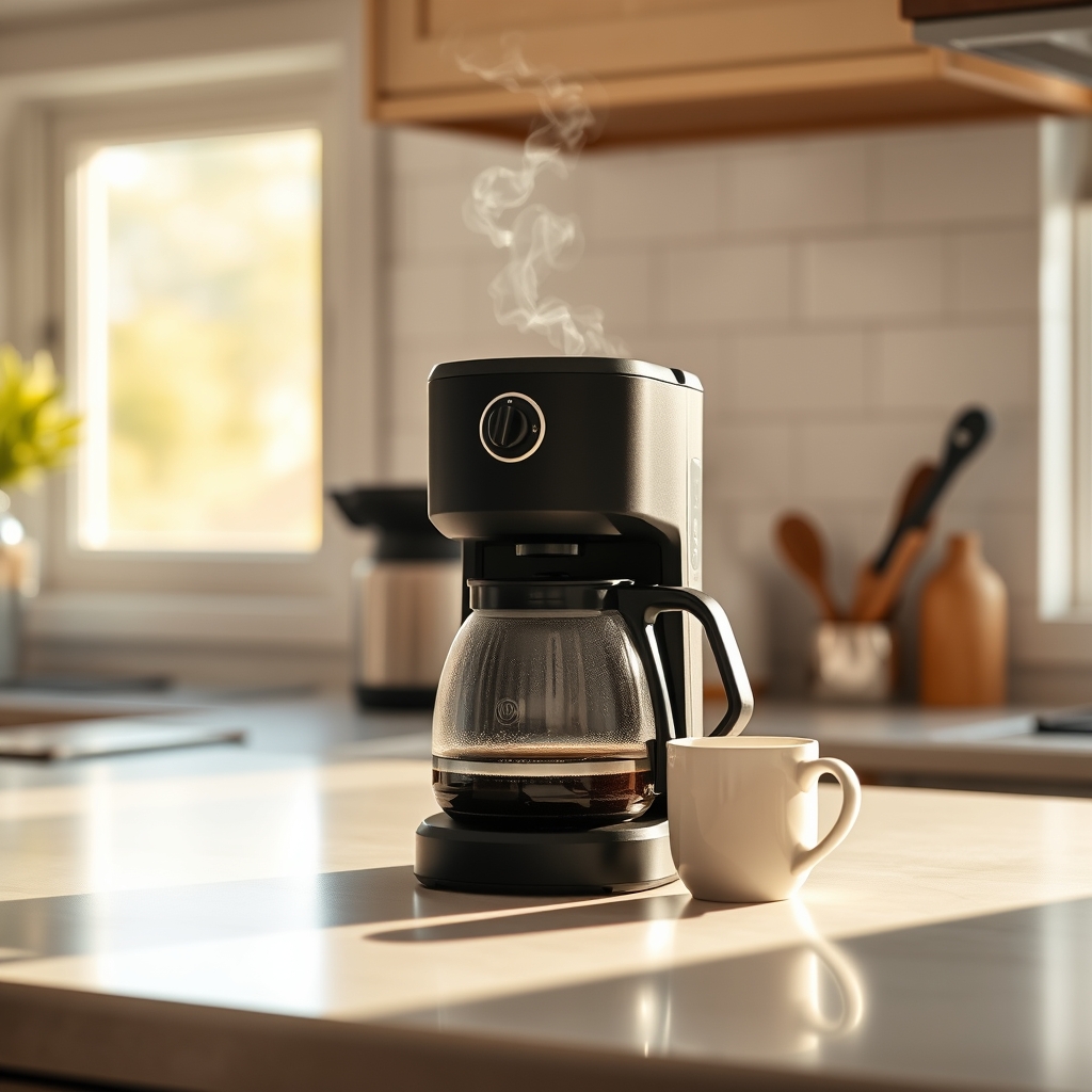 Drip coffee maker on kitchen counter with steam, mug and morning light