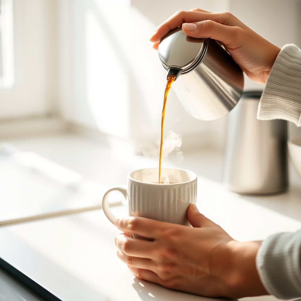 Person pouring hot coffee from a basic drip coffee maker into a mug on a sunlit kitchen counter