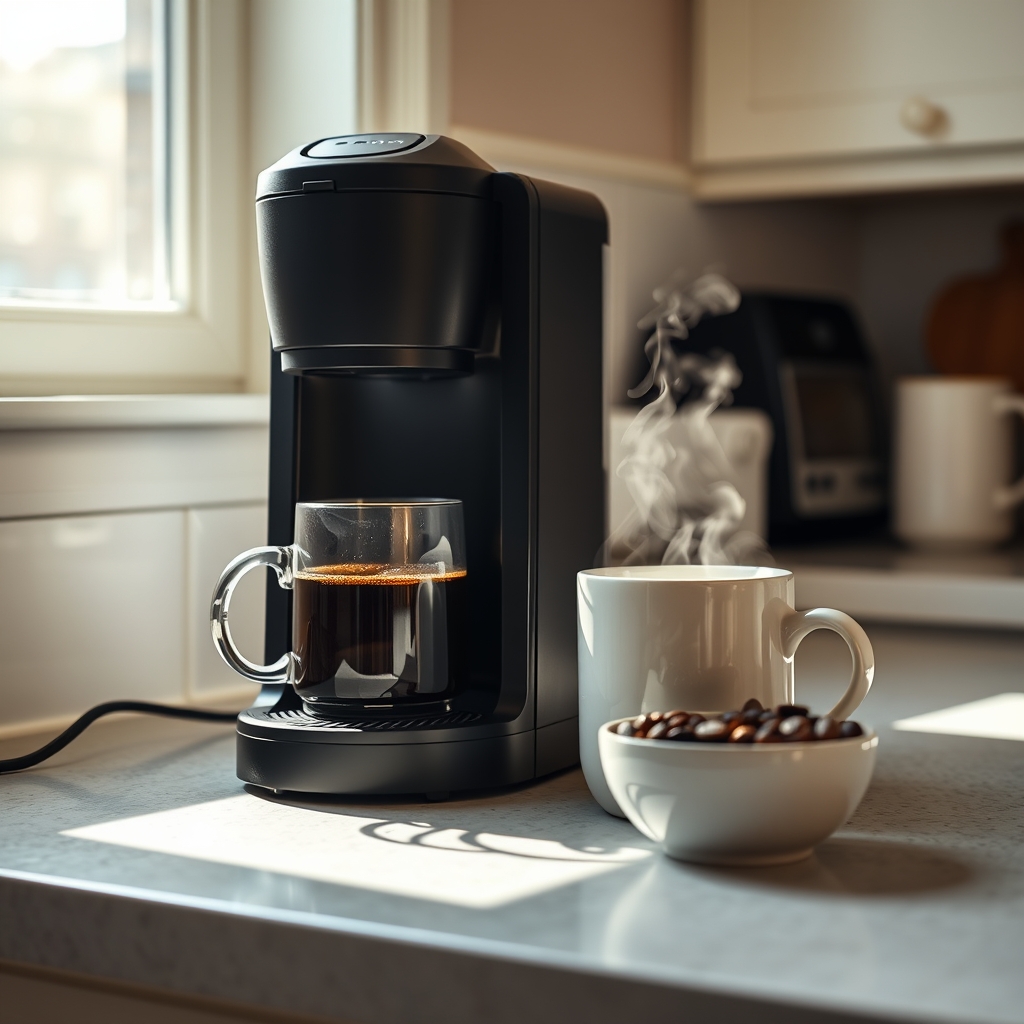 Kitchen counter with coffee maker, mug, and beans in natural morning light