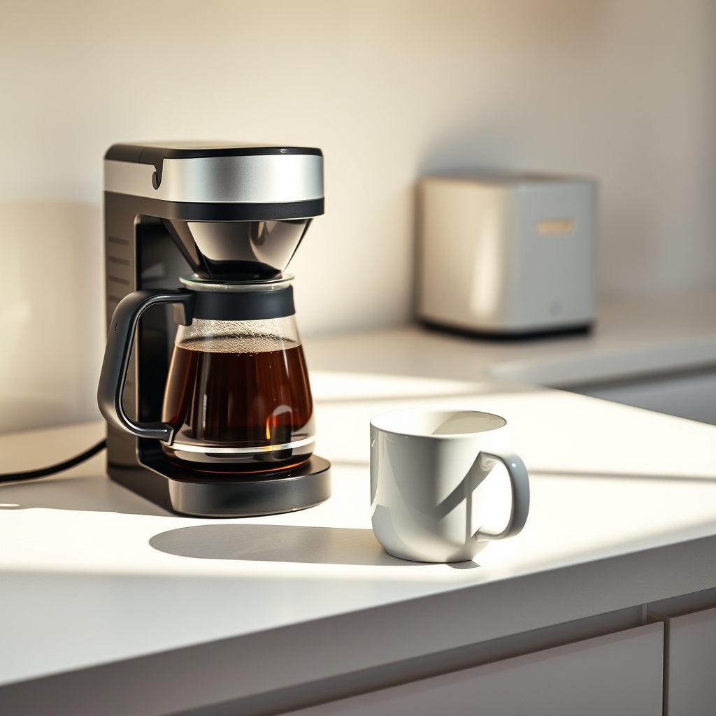 Kitchen counter with drip coffee maker and glass carafe of coffee in morning light