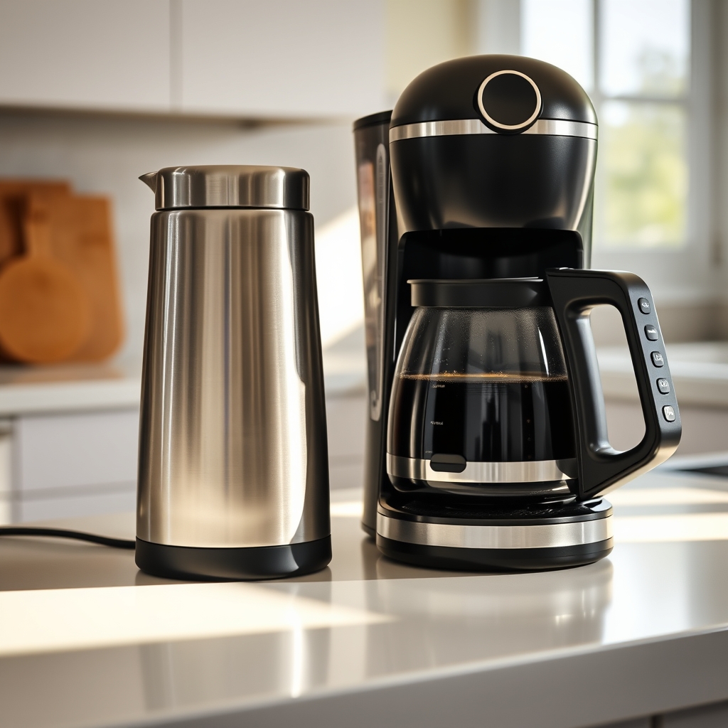 Thermal carafe and standard coffee maker side by side on a kitchen counter with windows behind