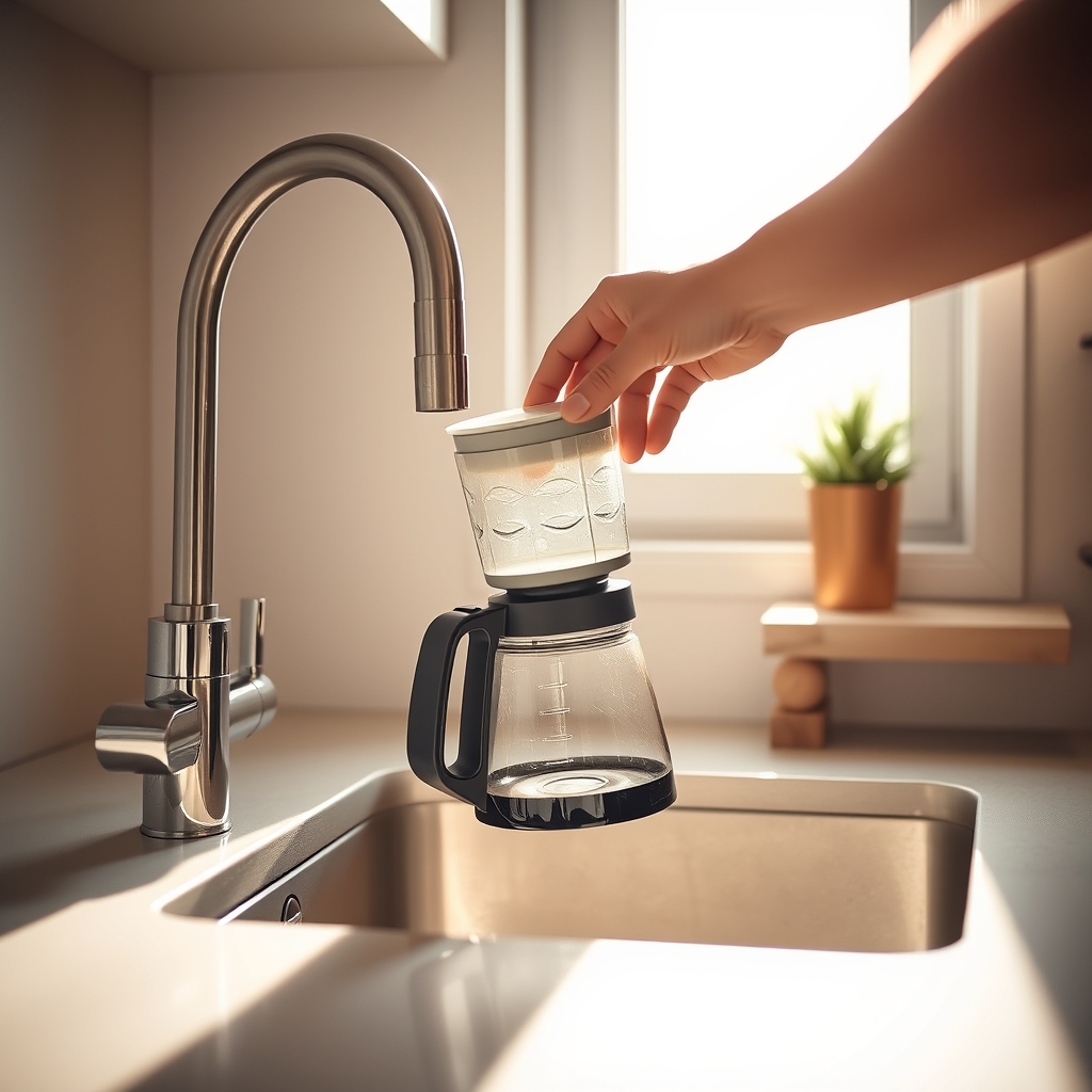 Person filling a coffee maker water reservoir at a kitchen sink with morning light in background